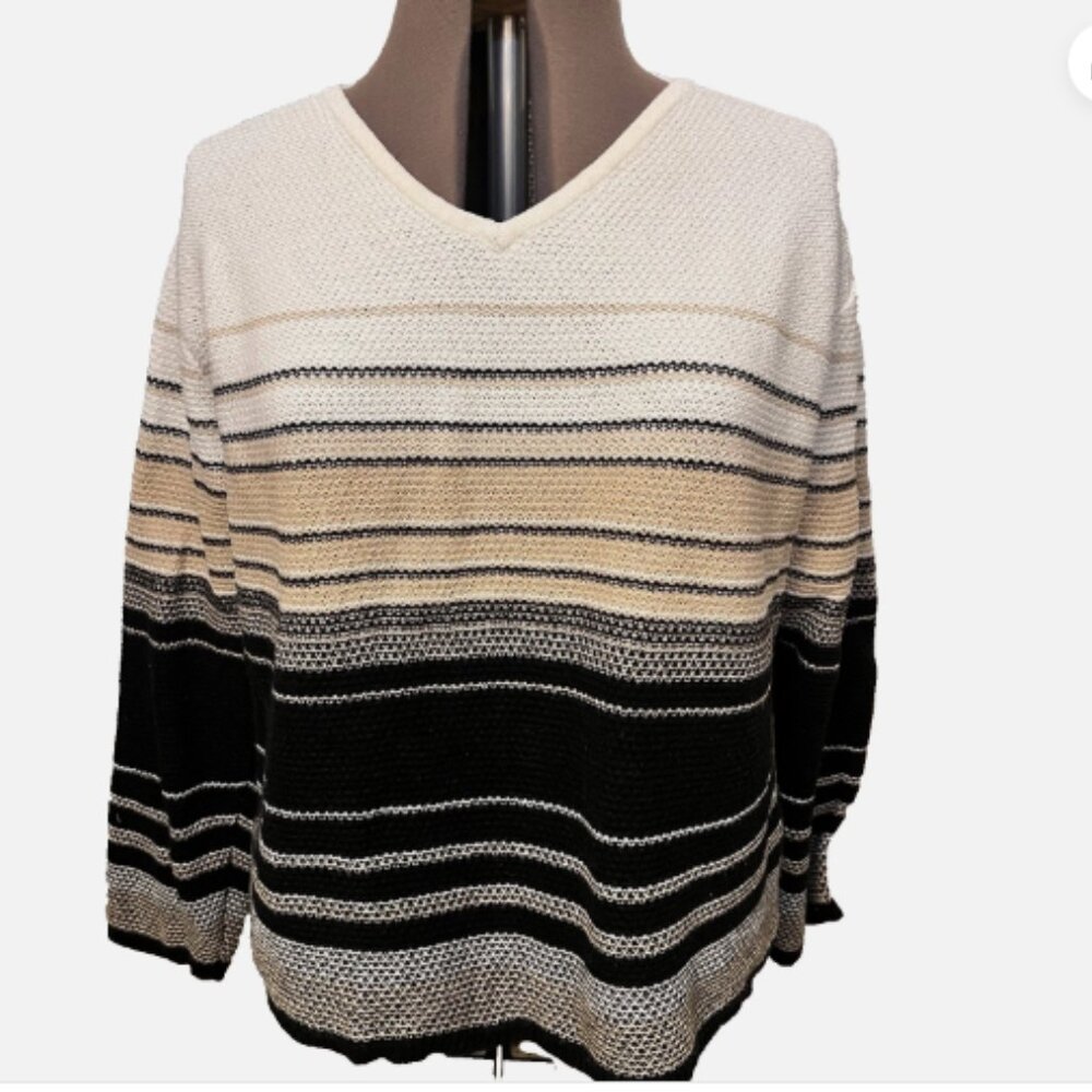Elisabeth Heavy Cotton Pullover Sweater. Size 2X. Cream Stripe. B119